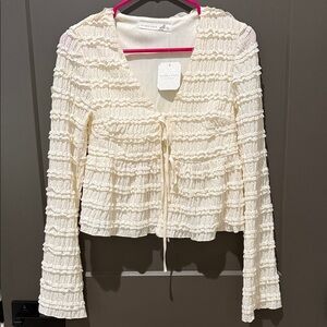 Cream Bell Sleeve Lace Long Sleeve Top, with Open Tie Front